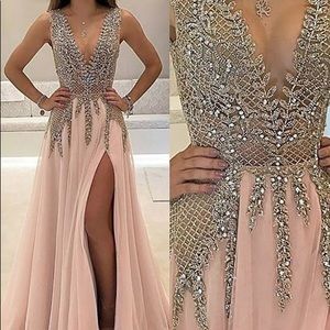 Light Pink Prom Dress with Gold Accents